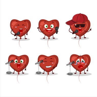 Kırmızı aşk balonunun ünlü bir şarkı söylediği şirin bir çizgi film tasarımı. Vektör illüstrasyonu