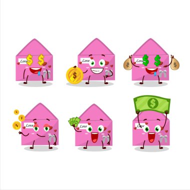 Sevimli simgesi olan pembe aşk zarflı çizgi film karakteri para getiriyor. Vektör illüstrasyonu