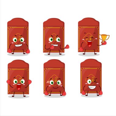 Sportif kırmızı paketler Çinli boksör çizgi film maskotu tasarımı. Vektör illüstrasyonu