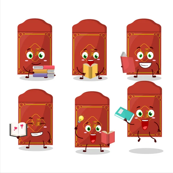 Kırmızı paketler Çin çizgi film karakteri konsepti komik bir kitap okuyor. Vektör illüstrasyonu
