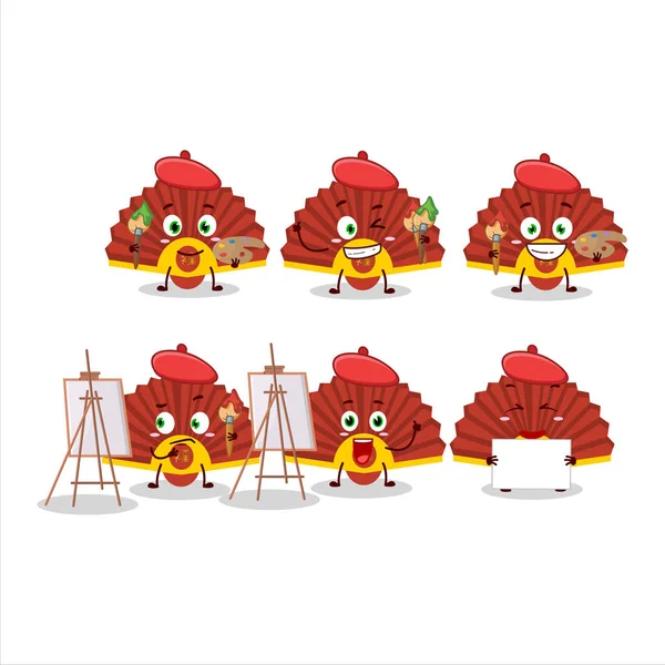 Artistic Artist Red Chinese Fan Cartoon Character Painting Brush Vector — Stock Vector