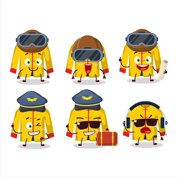 Pilot Cartoon Mascot Yellow Chinese Traditional Costume Glasses Vector Illustration — Stock Vector