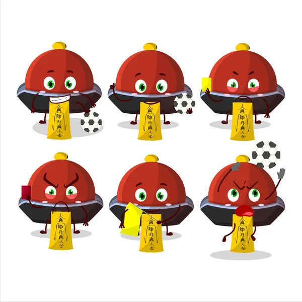 Red Vampire Hat Cartoon Character Working Football Referee Vector Illustration — Stock Vector