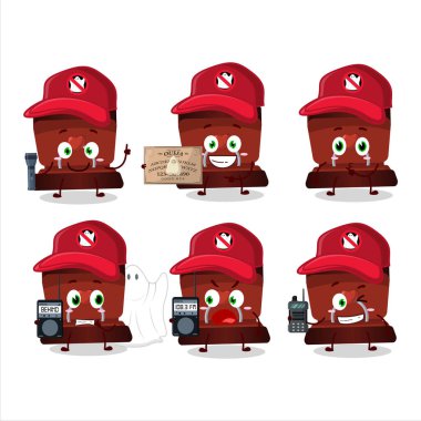 Hayalet avcısı çizgi film kırmızı yüzük kutusu karakteri kamera kullanıyor. Vektör illüstrasyonu