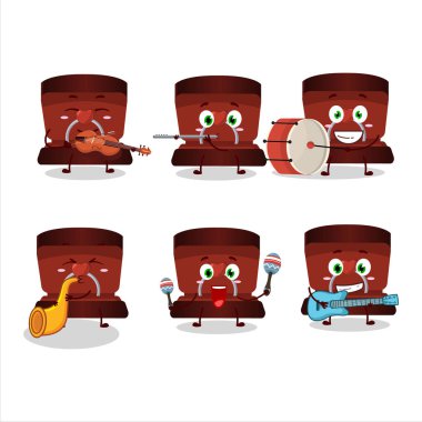 Bazı müzik enstrümanları çalan kırmızı yüzük kutusunun çizgi film karakteri. Vektör illüstrasyonu