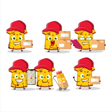 Sarı elbiseli Çinli kadınların kurye olarak çalıştığı çizgi film karakteri tasarımı. Vektör illüstrasyonu