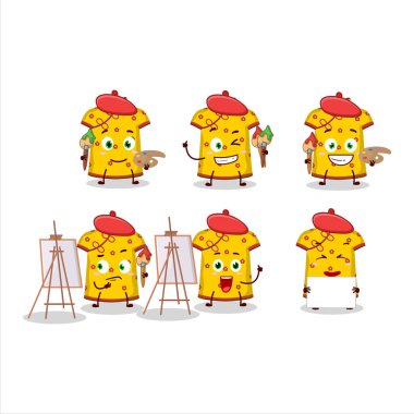 Sarı Giysi Sanatçısı Çocuklar Çinli kadın çizgi film karakteri fırçayla resim yapıyor. Vektör illüstrasyonu