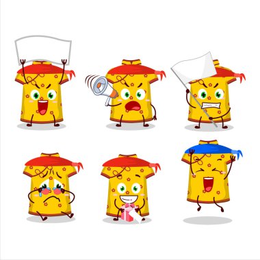 Sarı elbiseli çocukların maskot tasarımı. Çekici bir destekçi olarak Çinli kadın karakter. Vektör illüstrasyonu