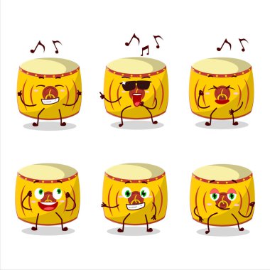 Sarı Çinli davul dansçısı çizgi film karakterinin müzikten hoşlandığı bir görüntü. Vektör illüstrasyonu