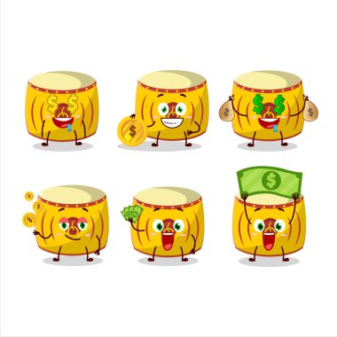 Sarı Çin davulu çizgi film karakteri. Şirin ifadeli. Yanında para getiriyor. Vektör illüstrasyonu