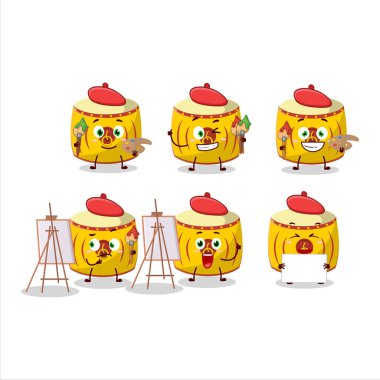 Sarı Çin davul çizgi film karakteri fırçayla resim sanatçısı. Vektör illüstrasyonu