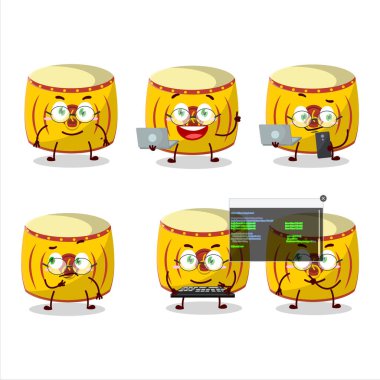 Sarı Çinli davul programcısı tatlı çizgi film karakteri. Vektör illüstrasyonu