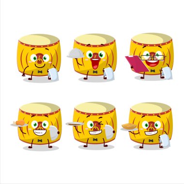 Mutlu sarı Çinli davulcu garson çizgi film karakteri elinde tabak tutuyor. Vektör illüstrasyonu