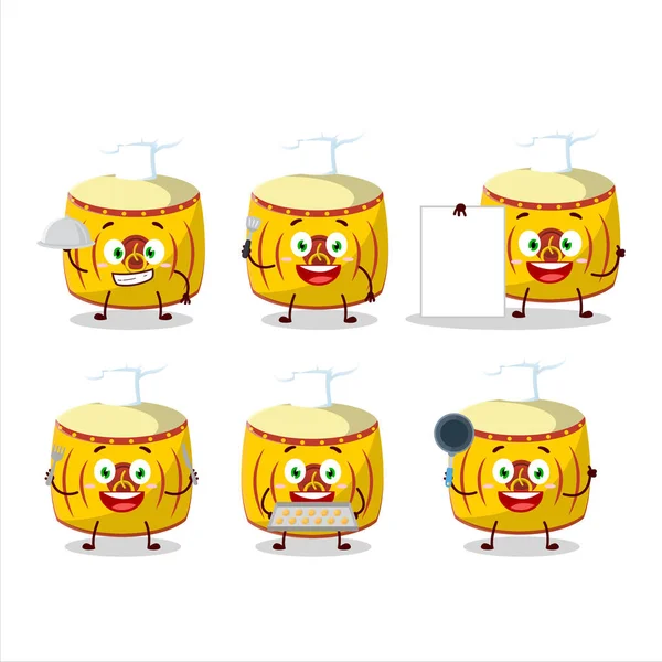 Personagem Desenhos Animados Tambor Chinês Amarelo Com Vários Emoticons Chef — Vetor de Stock