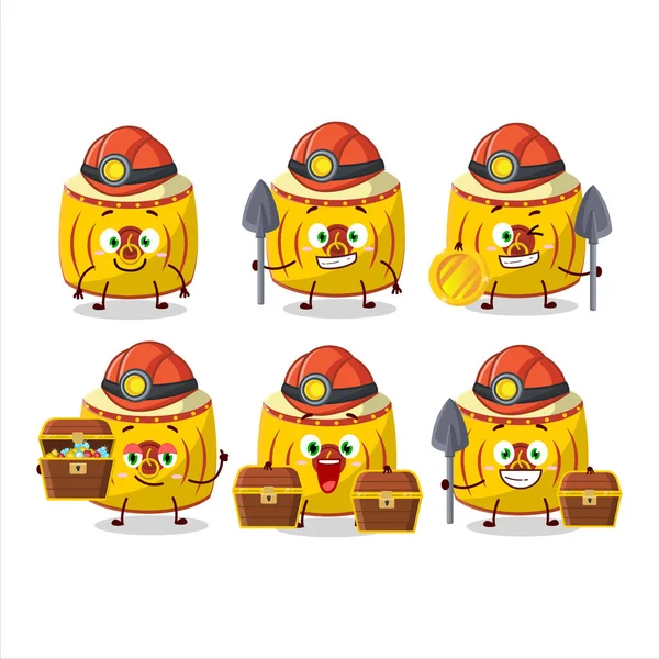 Miners Yellow Chinese Drum Cute Mascot Character Wearing Helmet Vector — Stock Vector