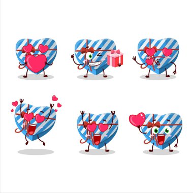 Mavi aşk, hediye kutusu çizgi film karakteri ve sevimli bir ifade. Vektör illüstrasyonu