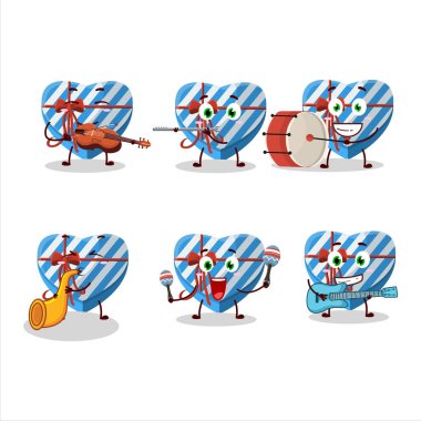 Mavi Aşk Hediye Kutusu 'nun çizgi film karakteri müzik enstrümanları çalıyor. Vektör illüstrasyonu