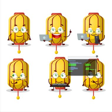 Sarı Çinli uzun lamba programcısı sevimli çizgi film karakteri. Vektör illüstrasyonu