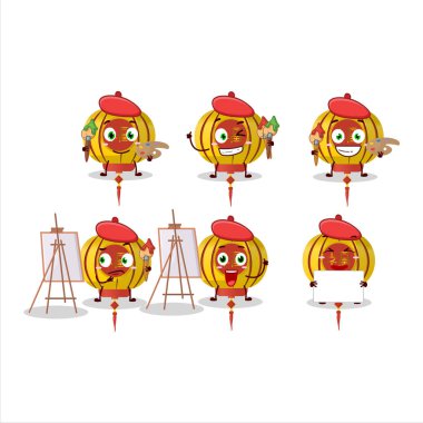 Sarı Çin lambası çizgi film karakteri fırçayla resim sanatçısı. Vektör illüstrasyonu