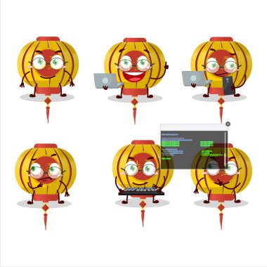 Sarı Çince lamba programcısı sevimli çizgi film karakteri. Vektör illüstrasyonu