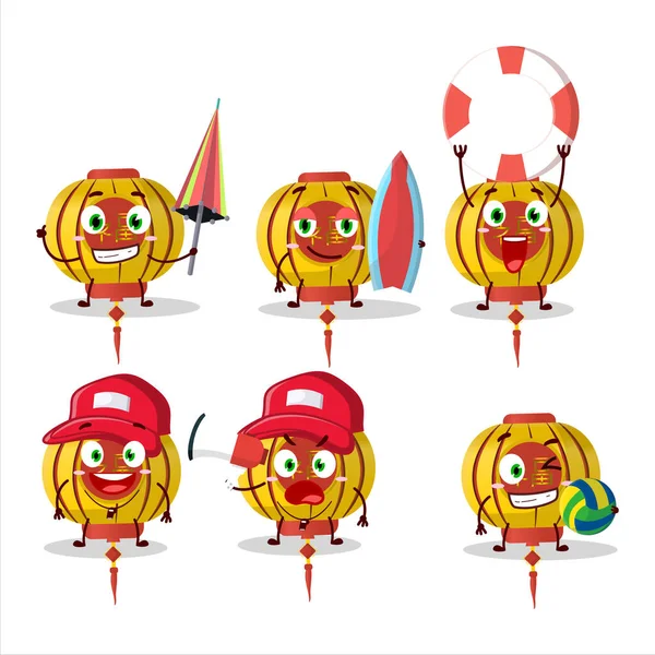 Happy Face Gelbe Chinesische Lampe Cartoon Figur Die Strand Spielt — Stockvektor