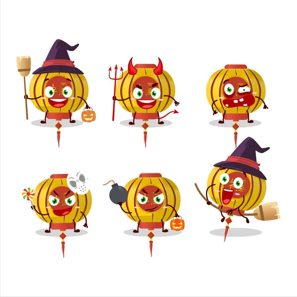 Halloween Výraz Emotikony Kresleným Postavou Žluté Čínské Lampy Vektorová Ilustrace — Stockový vektor