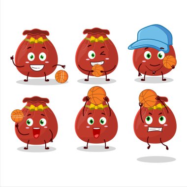 Basketbol atleti olarak kırmızı çantalı çizgi film karakteri. Vektör illüstrasyonu