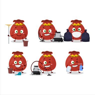 Temizlik servisi kırmızı çantalı sevimli çizgi film karakteri paspas kullanıyor. Vektör illüstrasyonu