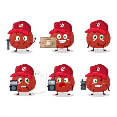 Hayalet avcısı kırmızı çanta karakteri kamera kullanıyor. Vektör illüstrasyonu