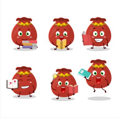 Kırmızı çantalı çizgi film karakteri konsepti komik bir kitap okuyor. Vektör illüstrasyonu