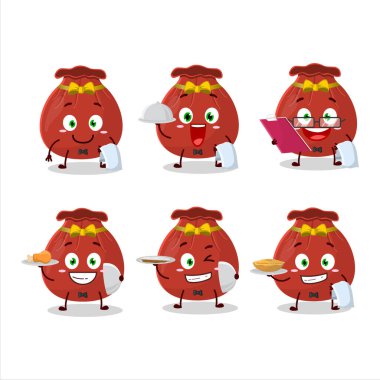 Elinde tabak tutan mutlu kırmızı çanak garson çizgi film karakteri. Vektör illüstrasyonu