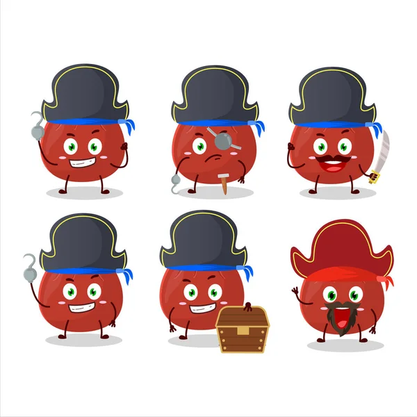 Cartone Animato Personaggio Della Borsa Rossa Con Varie Emoticon Pirati — Vettoriale Stock