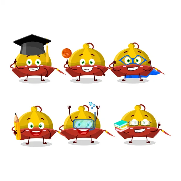 Estudiante de la escuela de amarillo chino tradicional sombrero personaje de dibujos animados con varias expresiones — Vector de stock