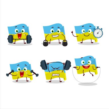 Sağlıklı bir Ukrayna bayrağı çizgi film stili Fitness Merkezi üzerinde bazı aletler deniyor. Vektör illüstrasyonu