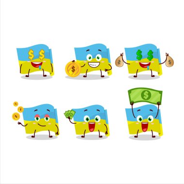 Ukrayna bayrağı çizgi film karakteri, şirin ifadeli para getiriyor. Vektör illüstrasyonu