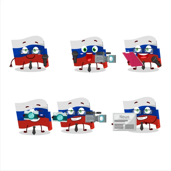 Personnage Journaliste Russie Drapeau Mascotte Mignonne Avec Microphone Illustration Vectorielle — Image vectorielle