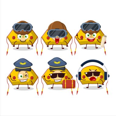 Pilot çizgi film maskotu sarı Çinli kadın şapkalı ve gözlüklü. Vektör illüstrasyonu