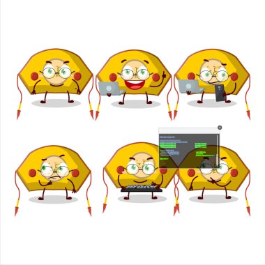 Sarı Çinli kadın şapka programcısı tatlı çizgi film karakteri. Vektör illüstrasyonu