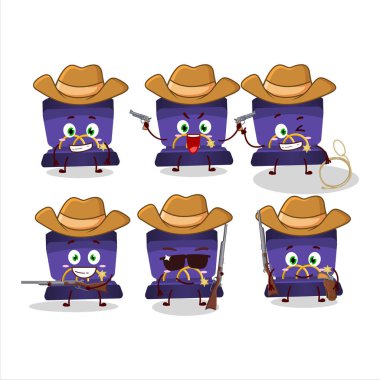 Şirin şapkalı havalı kovboy mor yüzük kutusu çizgi film karakteri. Vektör illüstrasyonu