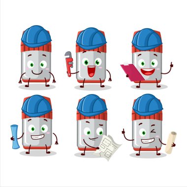 Mimar kırmızı beyaz tahta keçeli kerpeten takan sevimli maskot karakter. Vektör illüstrasyonu