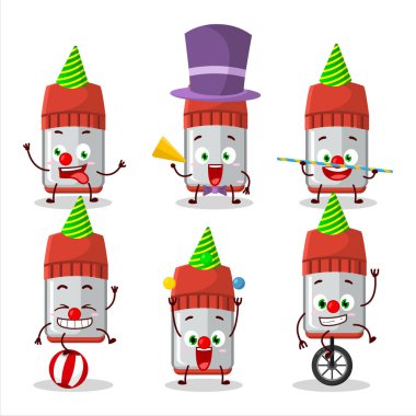 Çeşitli sirk gösterileri olan kırmızı beyaz tahta işaretli çizgi film karakteri. Vektör illüstrasyonu