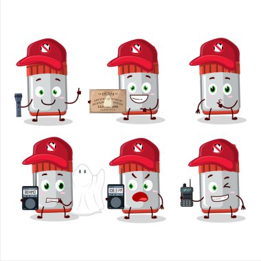 Hayalet avcısı çizgi film kırmızı beyaz tahta işaret karakteri kamera kullanıyor. Vektör illüstrasyonu