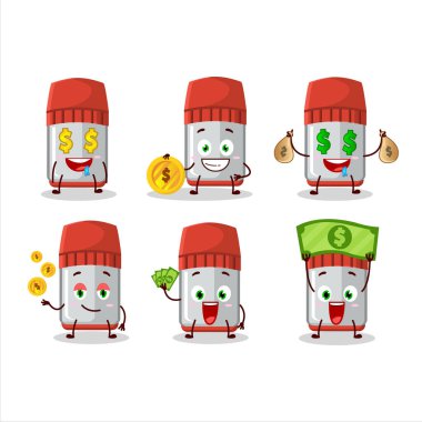 Kırmızı beyaz pano çizgi film karakteri, şirin ifadeli, yanında para getiriyor. Vektör illüstrasyonu