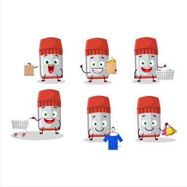 Zengin kırmızı beyaz tahta işaretli maskot tasarımı alışverişe gidiyor. Vektör illüstrasyonu