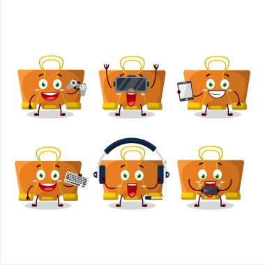 Turuncu klasör çizgi film karakteri çeşitli şirin duygu simgeleriyle oyunlar oynuyor. Vektör illüstrasyonu