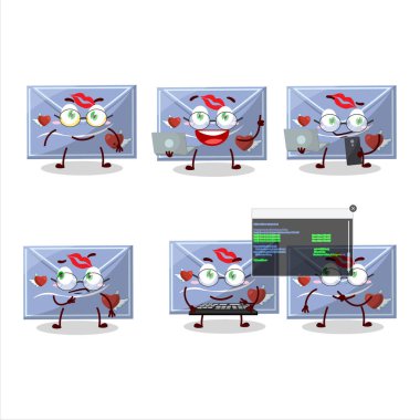 Mavi Aşk Zarfı Programcısı ile birlikte sevimli çizgi film karakteri. Vektör illüstrasyonu