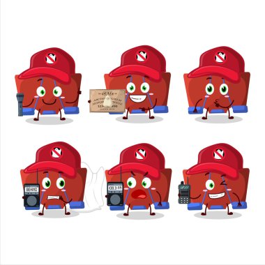 Hayalet avcısı çizgi film kırmızı klasör karakteri kamera kullanıyor. Vektör illüstrasyonu