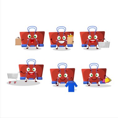 Zengin kırmızı cilt klipli maskot tasarımı. Alışverişe gidiyor. Vektör illüstrasyonu