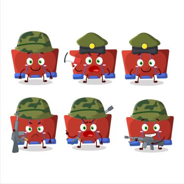 Çekici bir asker, kırmızı klasör, çizgi film karakteri, yanında bir silah makinesi getirir. Vektör illüstrasyonu