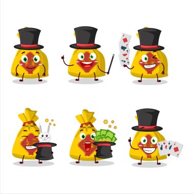 Sarı çantalı Çinli Sihirbaz çizgi film karakteri sahnede rol alıyor. Vektör illüstrasyonu